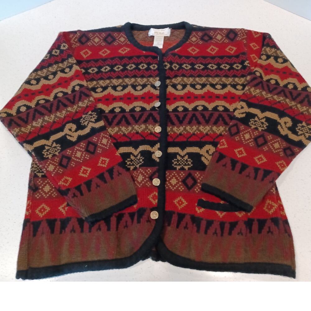 Vntage Tally Ho Fair Isle Black/Gold/Redtones Button Cardigan L-Sleeve